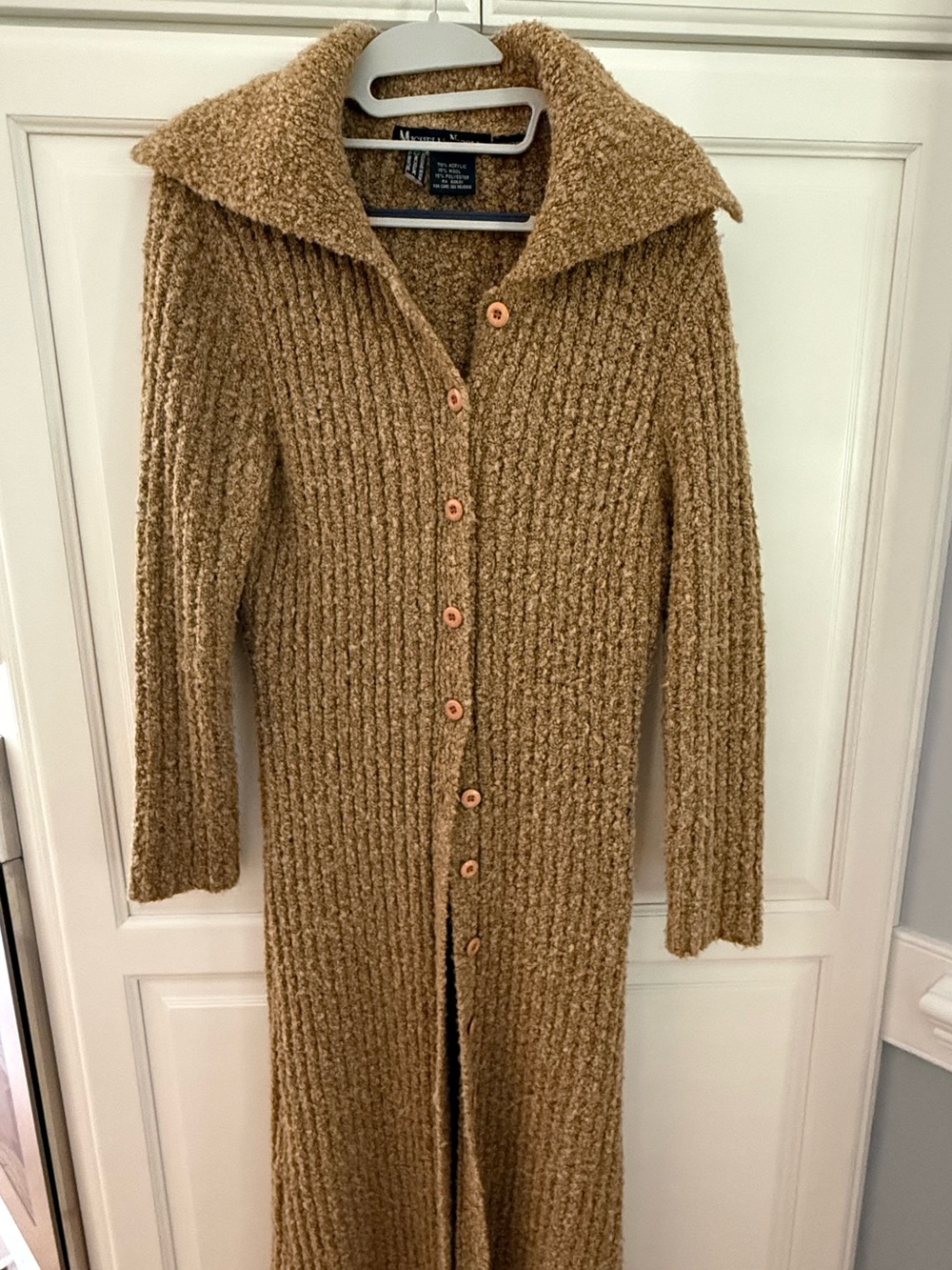 Michelle Nicole Long Ribbed Button-Front Coatigan in Camel